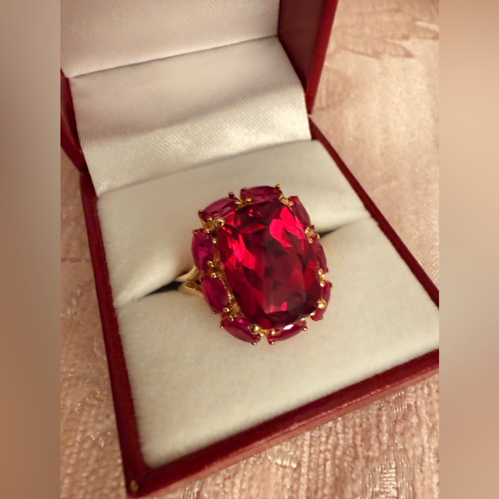 Radiant Ruby Red Gemstone Ring In Gold Plated Set… - image 1